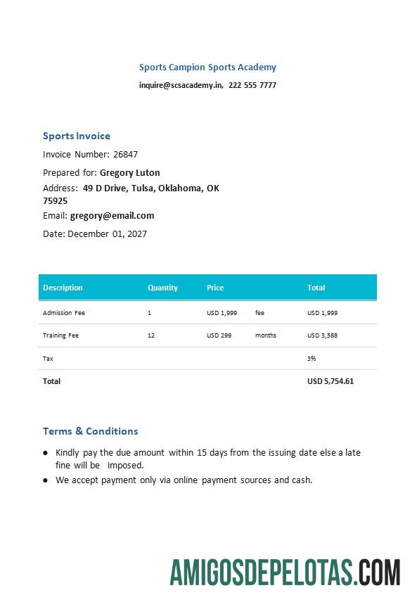 imprimível Modelo de fatura esportiva grátis